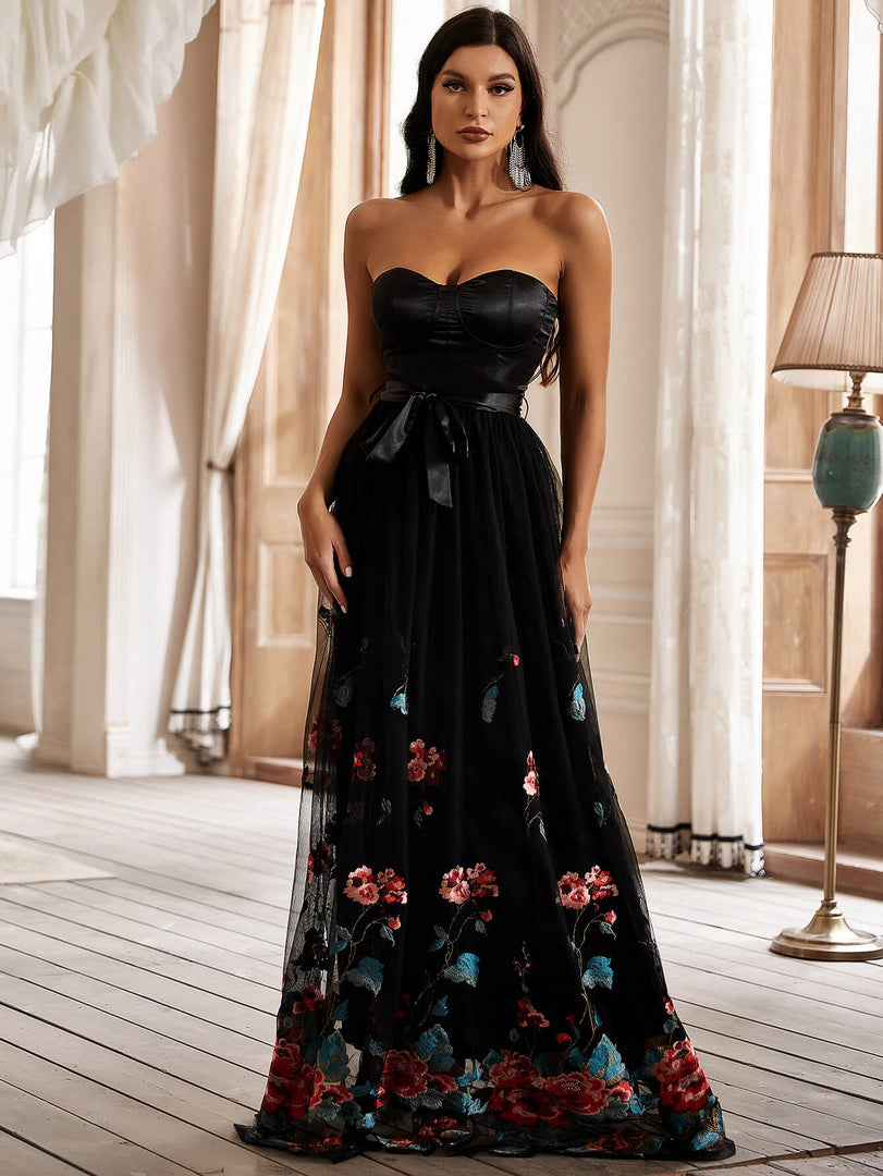 Black Embroidery Bodice Prom Dress