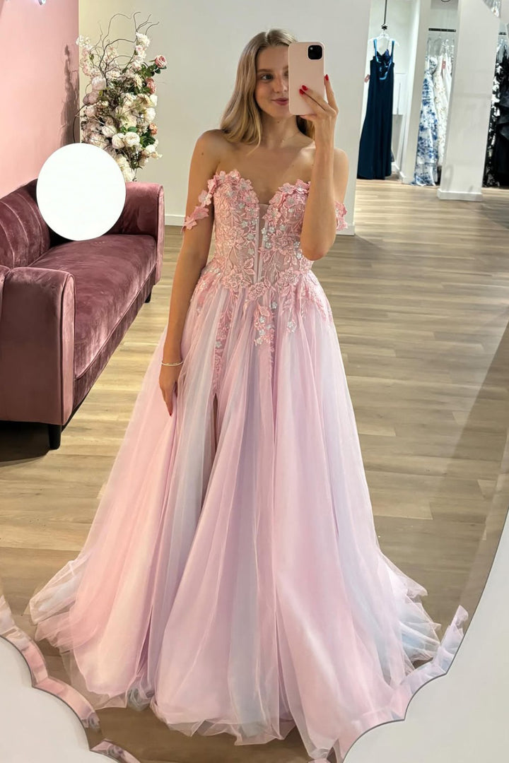 Off Shoulder Pink Prom Dress With Appliques