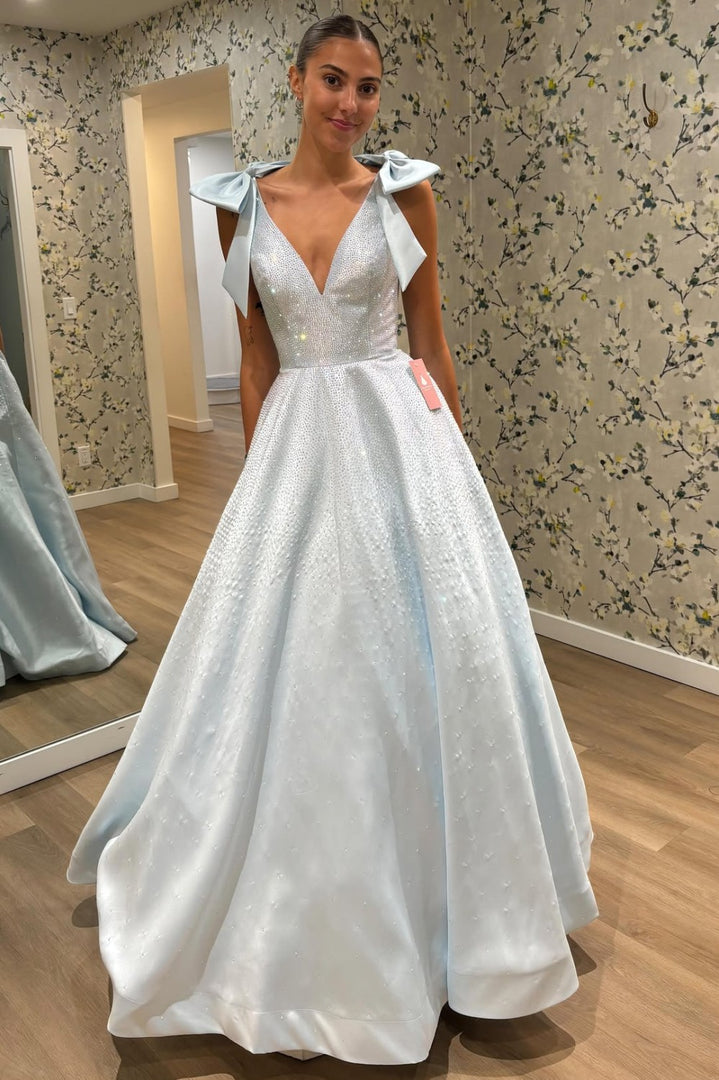 Sexy V Neck Beaded Prom Dress With Bows