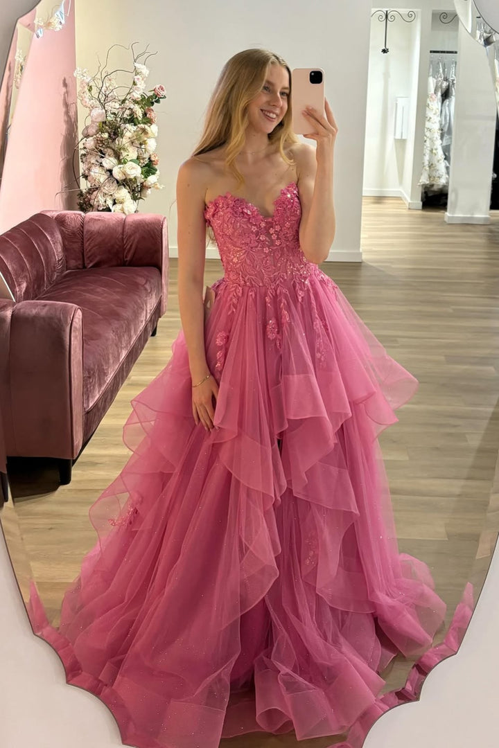 Sweetheart Pink Ruffles Prom Dress With Appliques