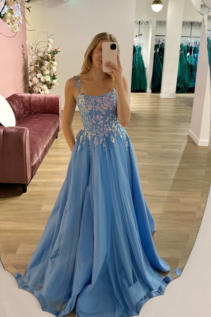 A-Line Blue Tulle Prom Dress With Appliques