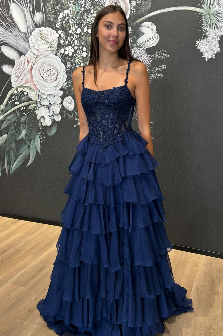 Navy Ruffles Prom Dress With Appliques