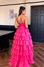 Load image into Gallery viewer, Pink A-line Tiered Strapless Long Prom Dress