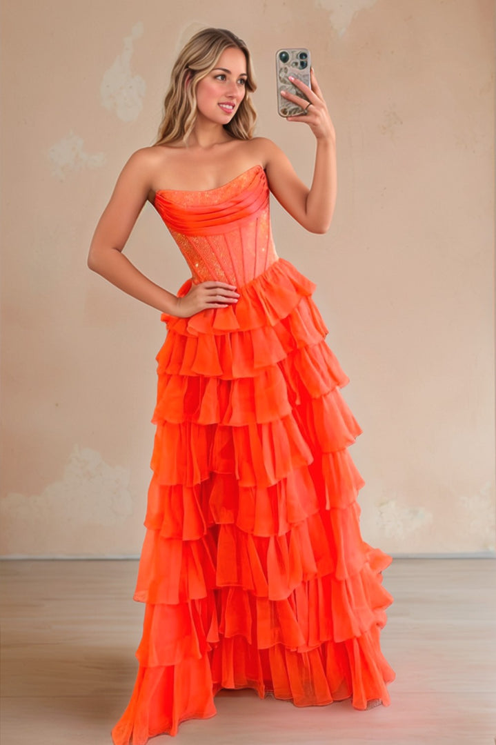 Strapless A line Tiered Long Prom Dress With Beading