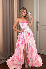 Load image into Gallery viewer, A line Tiered Floral Long Prom Dress With Slit