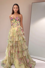 Load image into Gallery viewer, A line Tiered Floral Printed Yellow Prom Dress