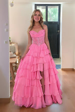 Load image into Gallery viewer, Strapless A line Tiered Long Prom Dress With Appliques