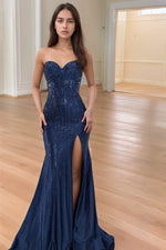 Load image into Gallery viewer, Sweetheart Navy Beaded Prom Dress