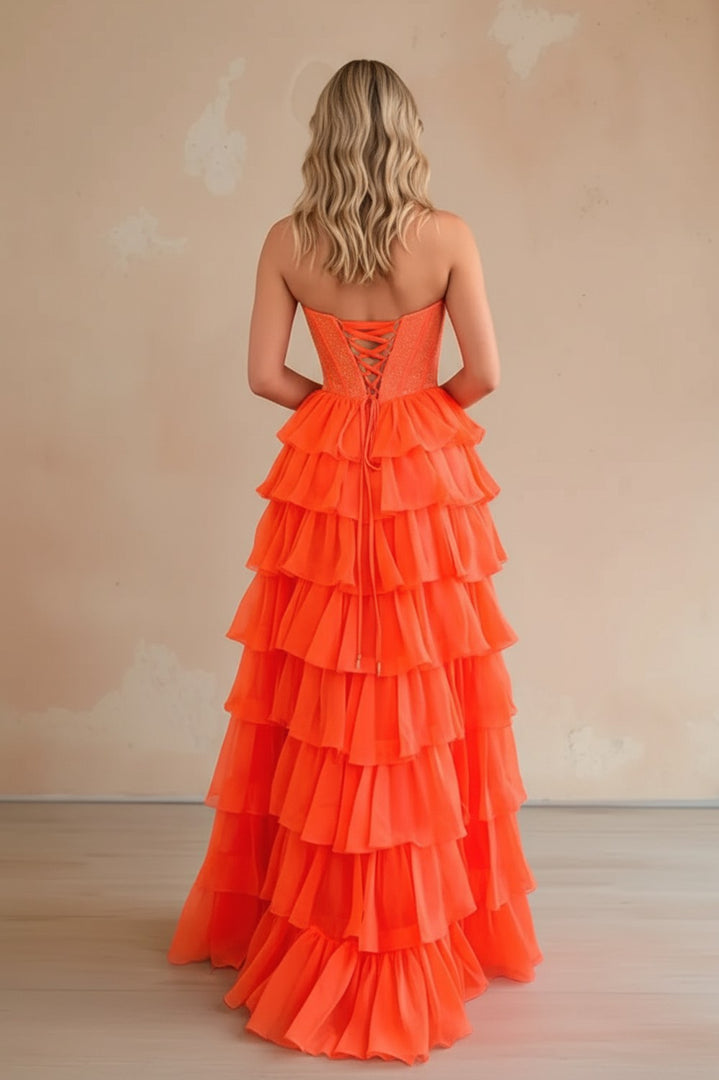 Strapless A line Tiered Long Prom Dress With Beading