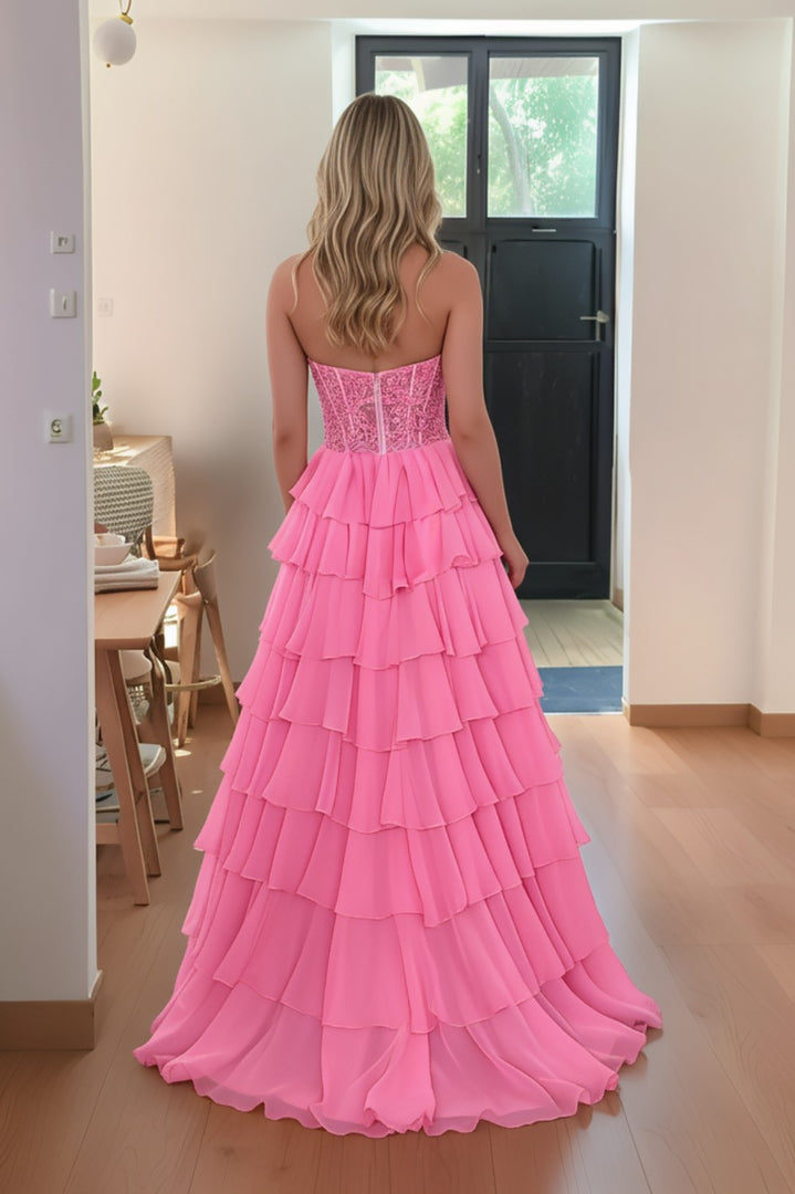 Strapless A line Tiered Long Prom Dress With Appliques