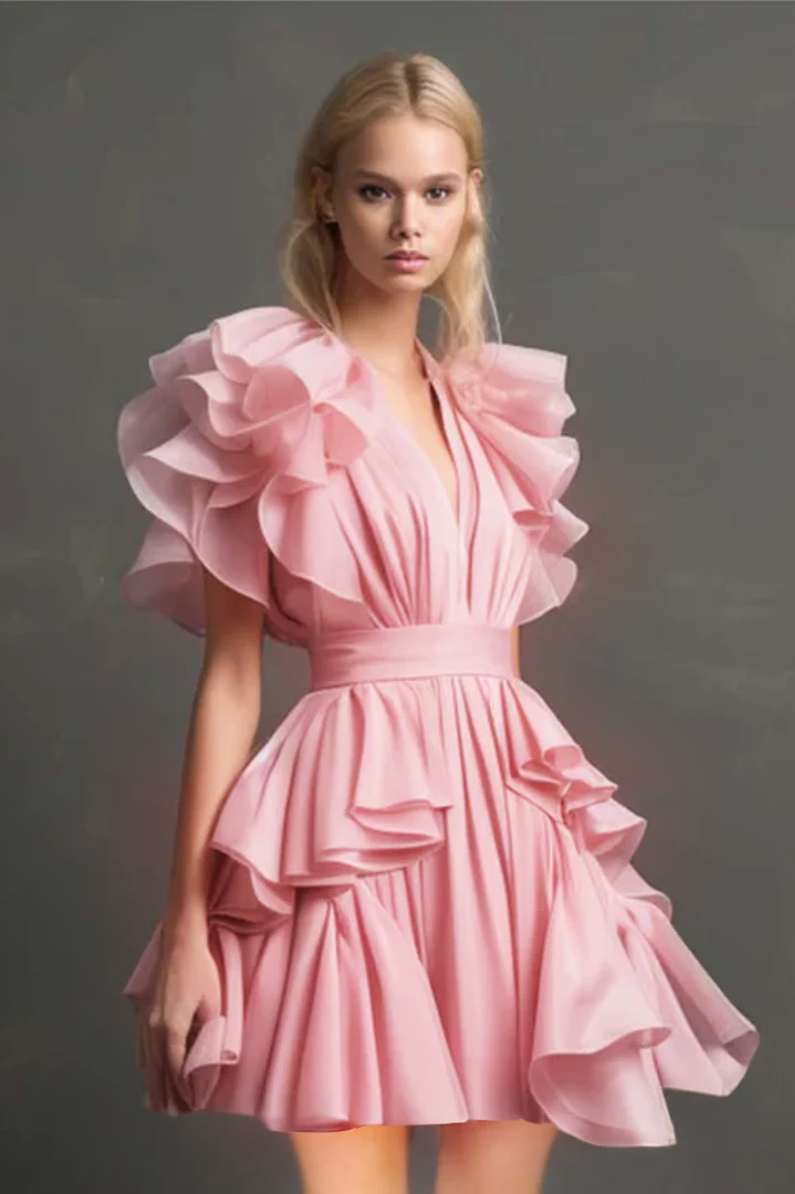 Pink Formal Gown Homecoming Dress with Ruffle Sleeves