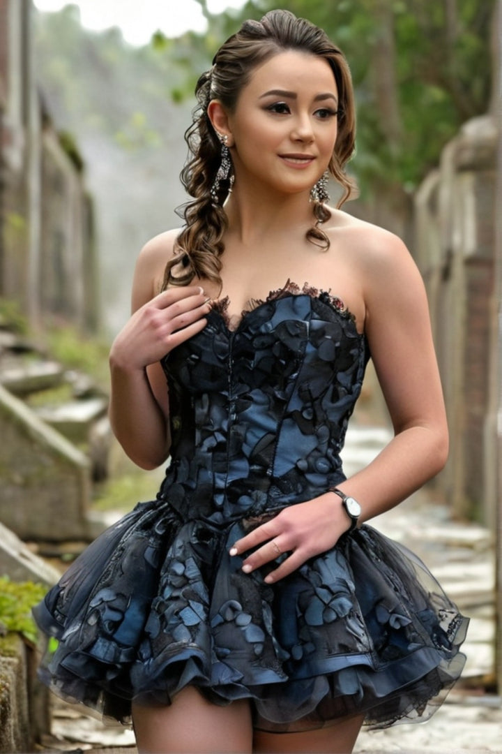 A line Strapless Tulle Flowers Homecoming Dress