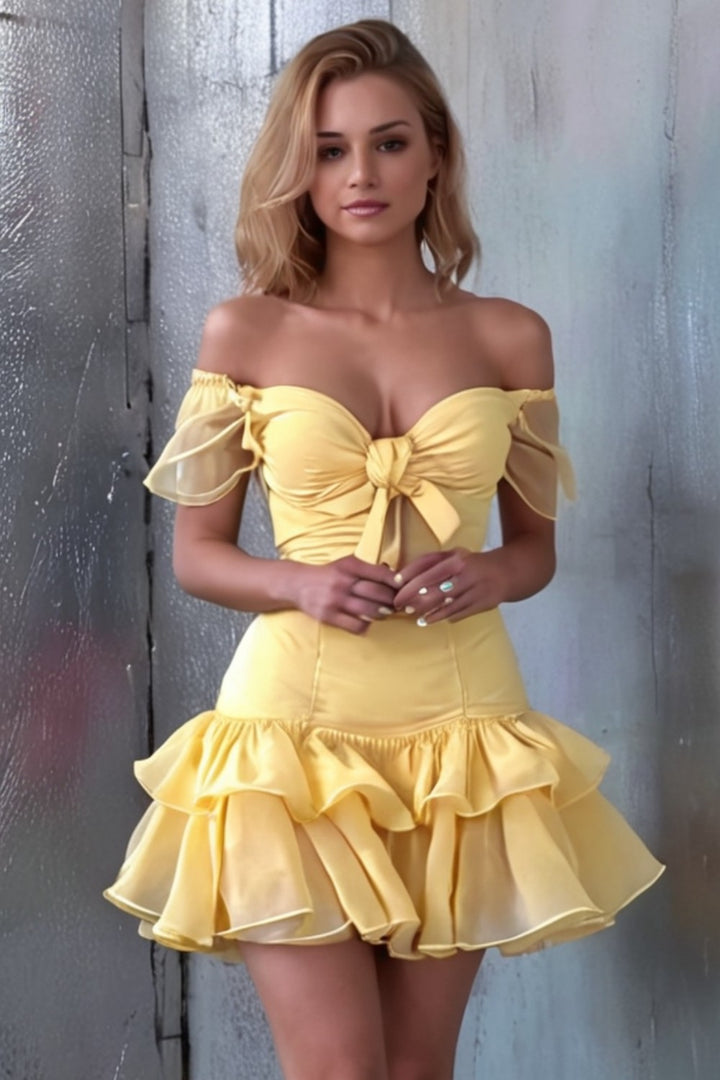 Yellow A line Homecoming Dress With Bow