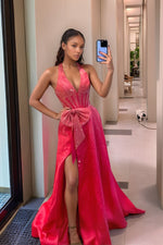 Load image into Gallery viewer, Halter Split Long Straps Beaded Long Prom Dress With Bow