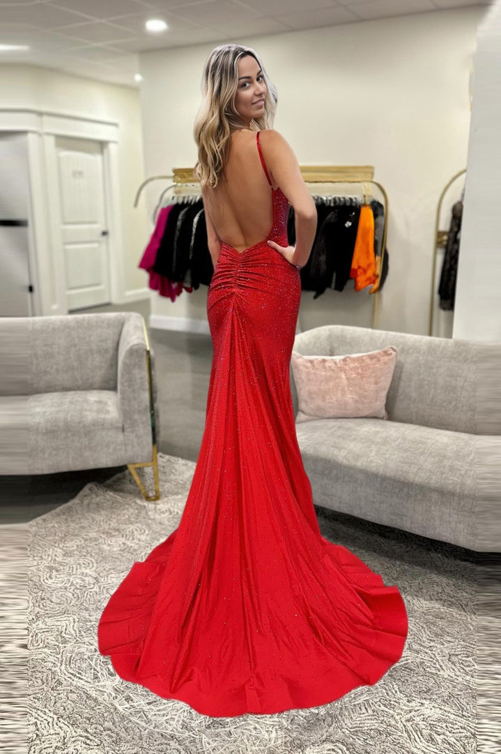 Backless Beaded Fitted Prom Dress with Side Slit