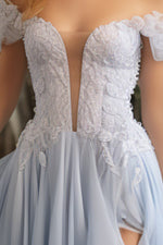 Load image into Gallery viewer, Cute Light Blue Off the Shoulder Prom Dress