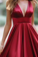 Load image into Gallery viewer, Dark Red Satin V-neck Maxi Dress