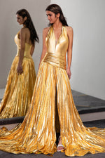 Load image into Gallery viewer, Gold Metallic Prom Dress with Side Slit
