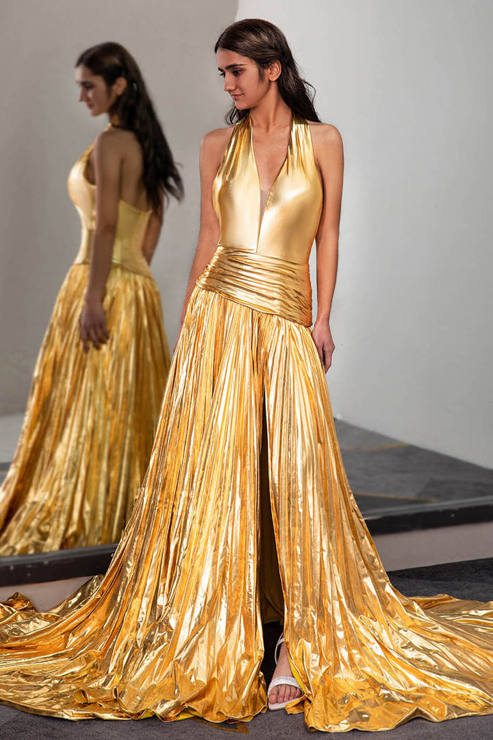 Gold Metallic Prom Dress with Side Slit