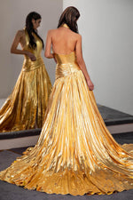 Load image into Gallery viewer, Gold Metallic Prom Dress with Side Slit
