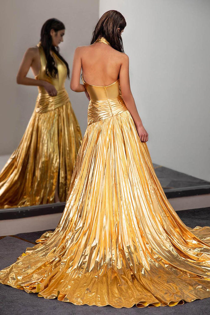Gold Metallic Prom Dress with Side Slit