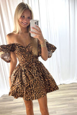 Load image into Gallery viewer, Leopard Homecoming Dress with Puffy Sleeves
