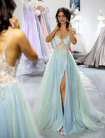Load image into Gallery viewer, Light Blue Beaded Slit Prom Dress