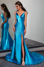 Load image into Gallery viewer, Silky Stretch Satin Prom Gown with High Slit