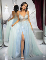 Load image into Gallery viewer, Light Blue Beaded Slit Prom Dress