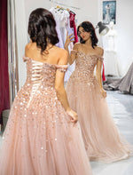 Load image into Gallery viewer, Off the Shoulder Beaded Prom Dress