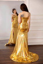 Load image into Gallery viewer, Metallic Gold Strapless Prom Dress
