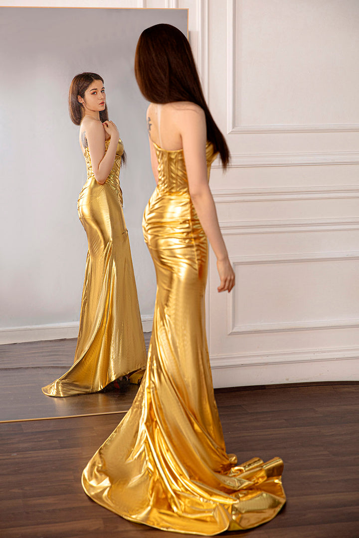 Metallic Gold Strapless Prom Dress