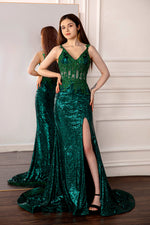 Load image into Gallery viewer, Dark Green Slit Prom Dress with Sequin