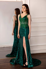 Load image into Gallery viewer, Dark Green Slit Prom Dress with Sequin