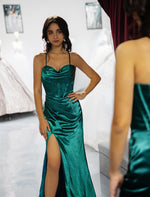 Load image into Gallery viewer, Dark Green Slit Sheath Prom Dress