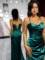 Load image into Gallery viewer, Dark Green Slit Sheath Prom Dress