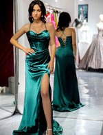 Load image into Gallery viewer, Dark Green Slit Sheath Prom Dress