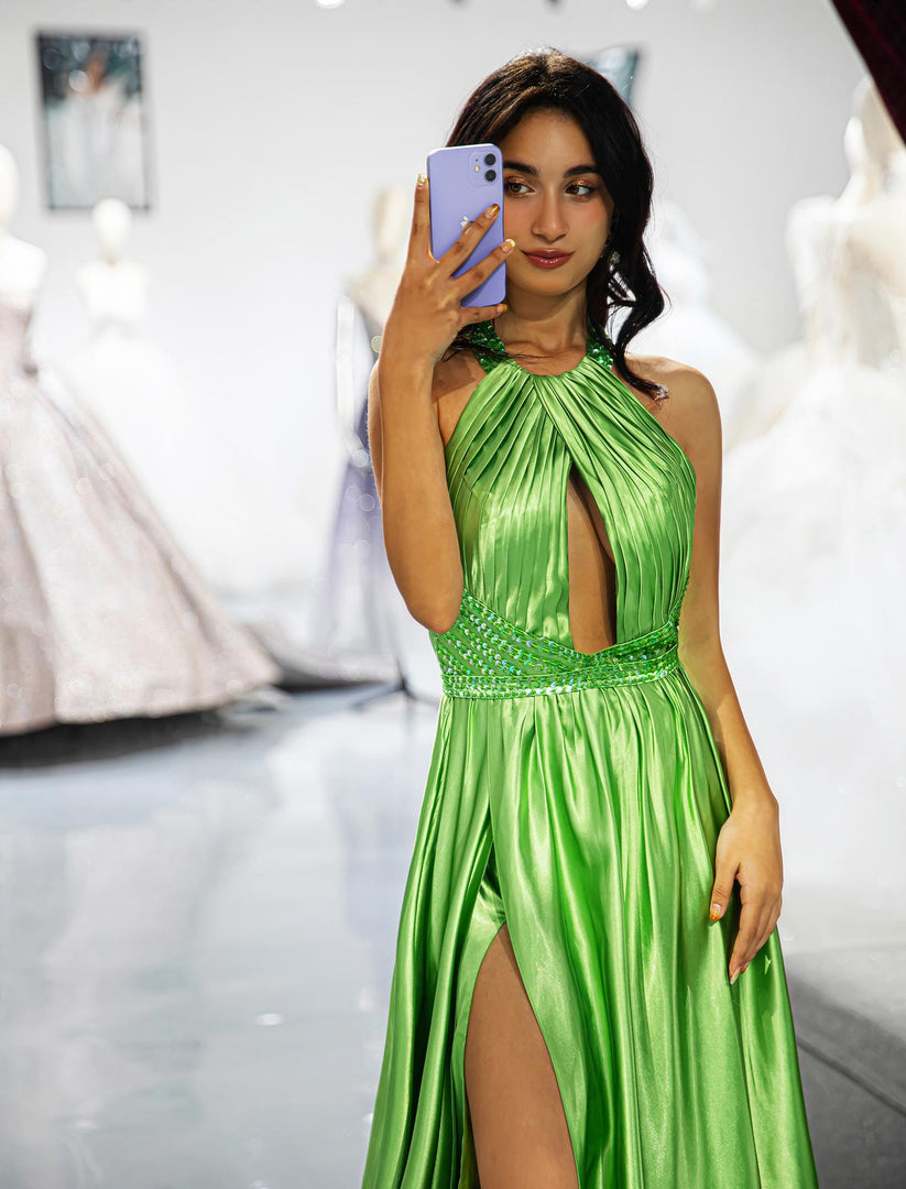 Green Halter Open Back Slit Prom Dress