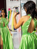 Load image into Gallery viewer, Green Halter Open Back Slit Prom Dress
