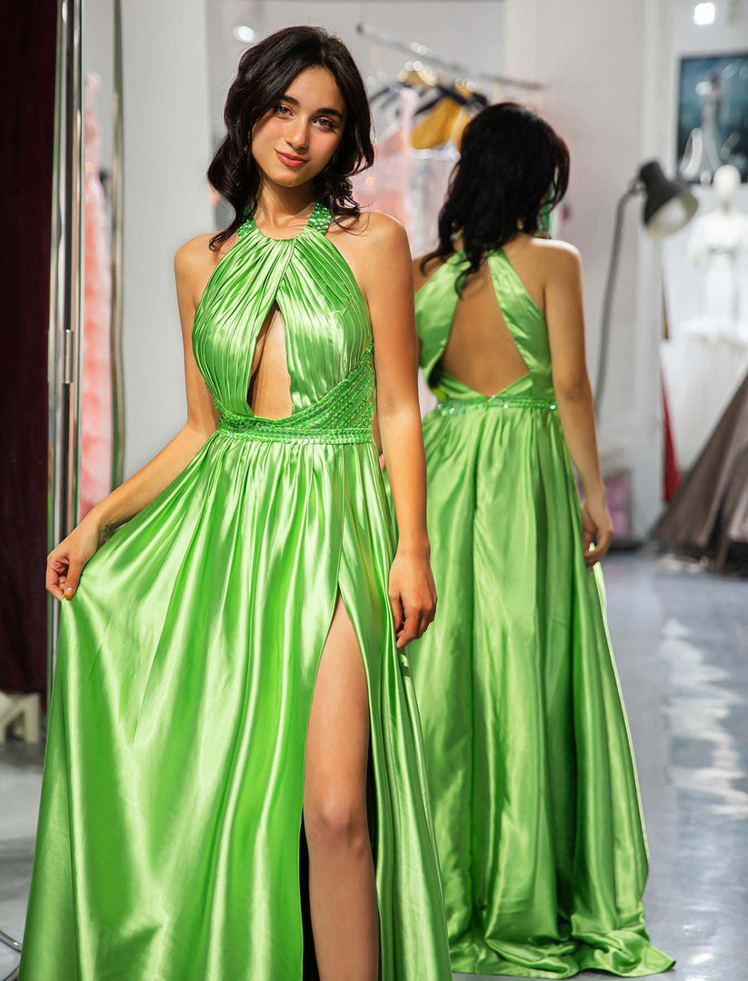 Green Halter Open Back Slit Prom Dress