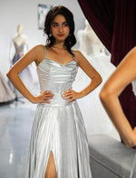 Load image into Gallery viewer, Silver Metallic Slit Prom Dress
