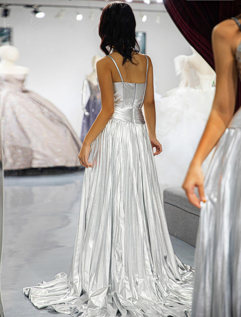 Silver Metallic Slit Prom Dress