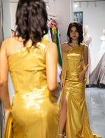 Load image into Gallery viewer, One Shoulder Gold Metallic Prom Dress
