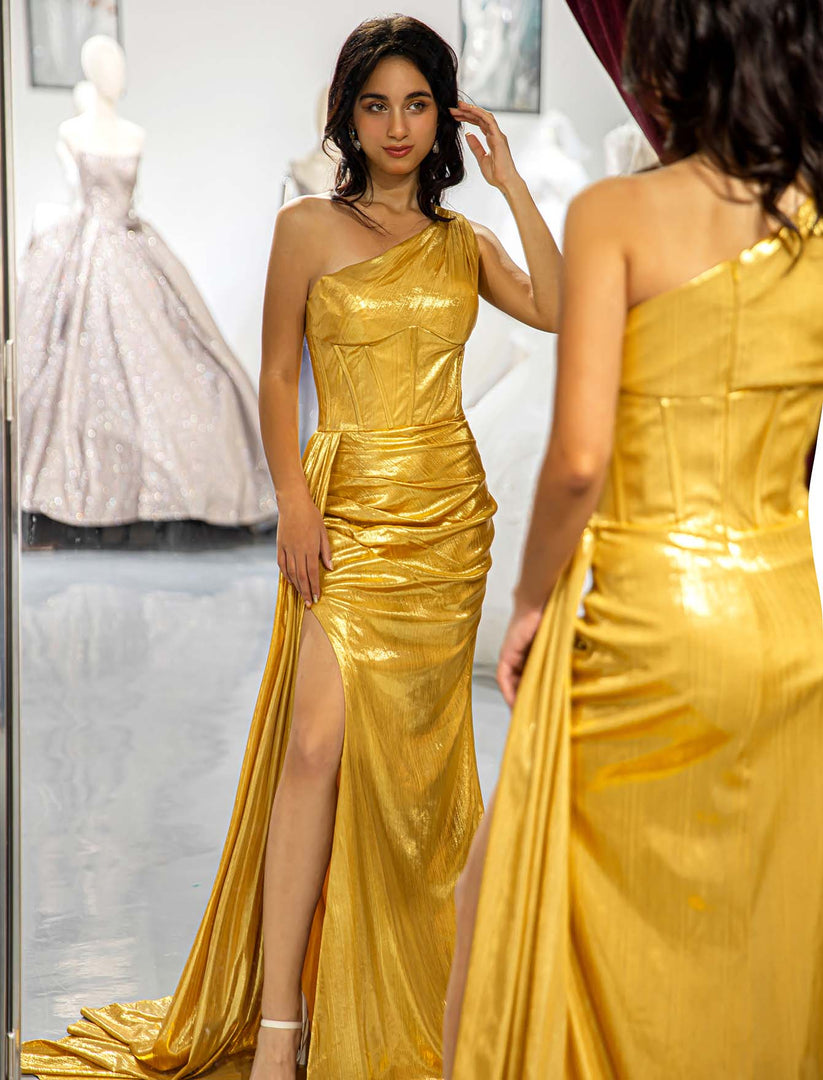 One Shoulder Gold Metallic Prom Dress
