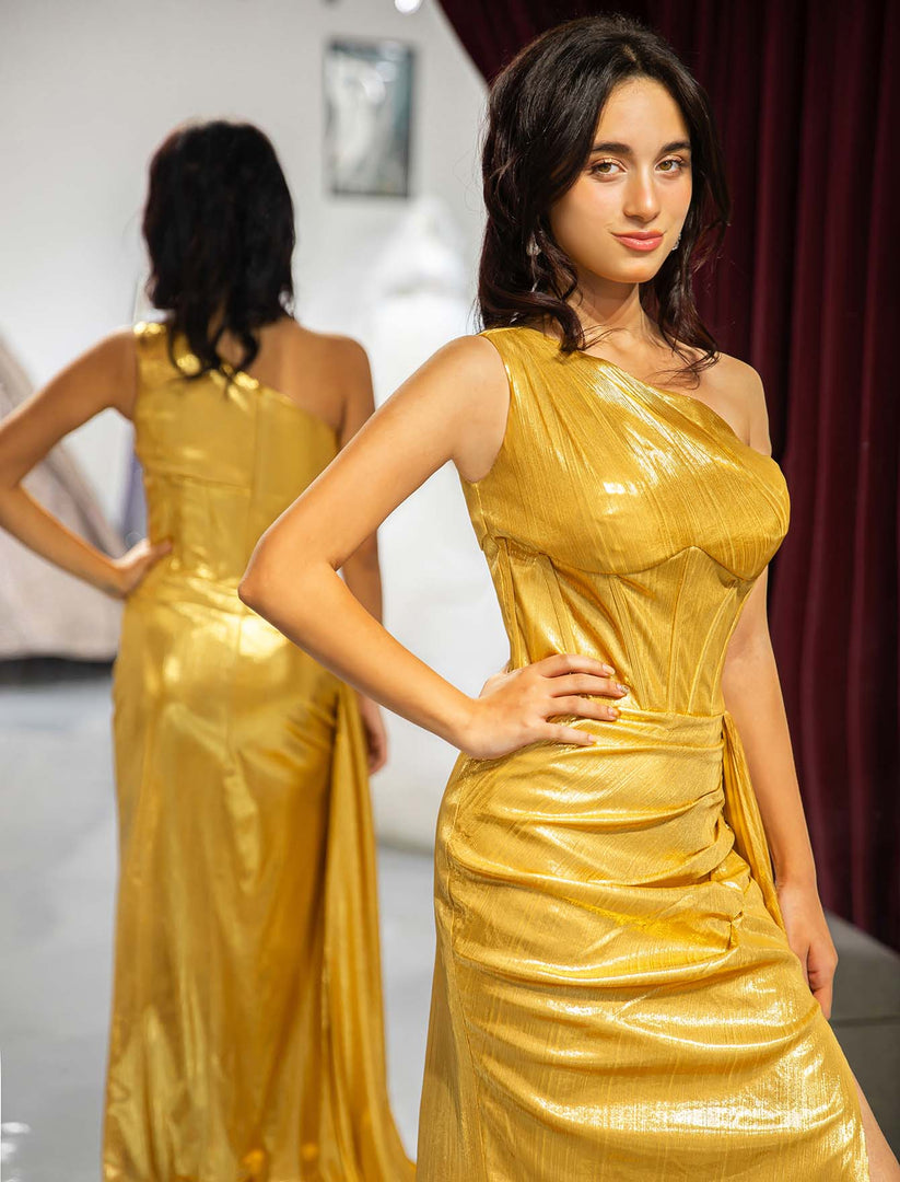 One Shoulder Gold Metallic Prom Dress