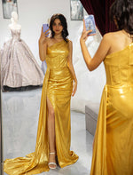 Load image into Gallery viewer, One Shoulder Gold Metallic Prom Dress