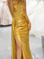 Load image into Gallery viewer, One Shoulder Gold Metallic Prom Dress
