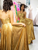 Load image into Gallery viewer, Gold Metallic Keyhole Prom Dress