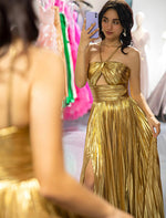 Load image into Gallery viewer, Gold Metallic Keyhole Prom Dress