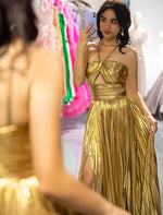 Load image into Gallery viewer, Gold Metallic Keyhole Prom Dress
